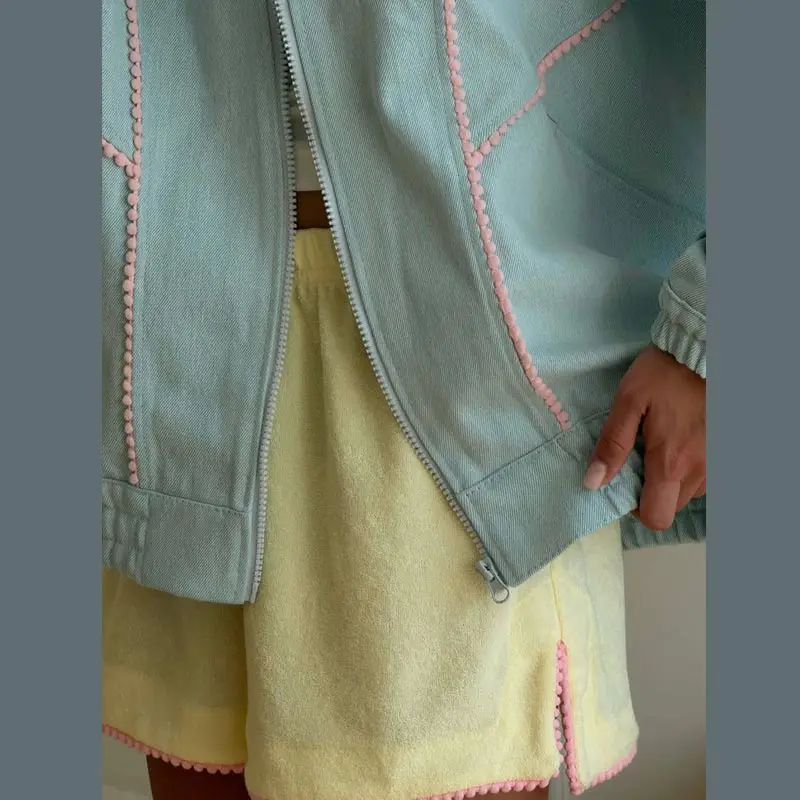 Contrast Denim Bomber Jackets Women's Casual Zipper Stand Collar Full Sleeve Short Coat 2026 Autumn New Lady High Street Outwear