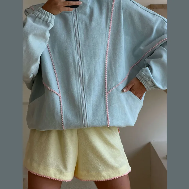 Contrast Denim Bomber Jackets Women's Casual Zipper Stand Collar Full Sleeve Short Coat 2026 Autumn New Lady High Street Outwear