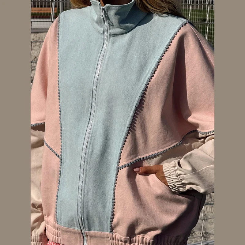Contrast Denim Bomber Jackets Women's Casual Zipper Stand Collar Full Sleeve Short Coat 2026 Autumn New Lady High Street Outwear
