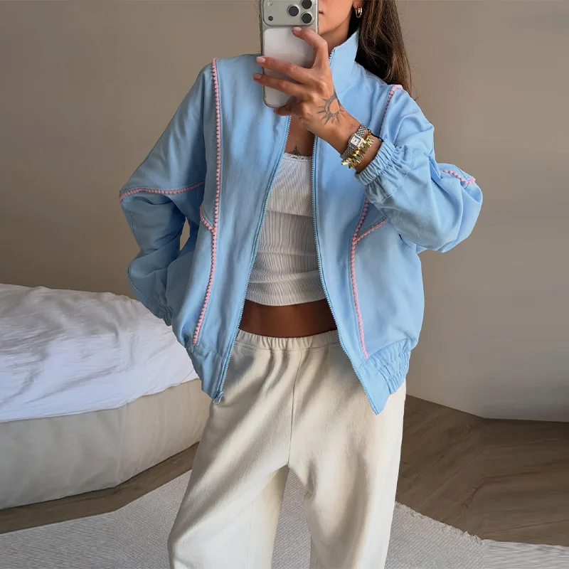 Contrast Denim Bomber Jackets Women's Casual Zipper Stand Collar Full Sleeve Short Coat 2026 Autumn New Lady High Street Outwear