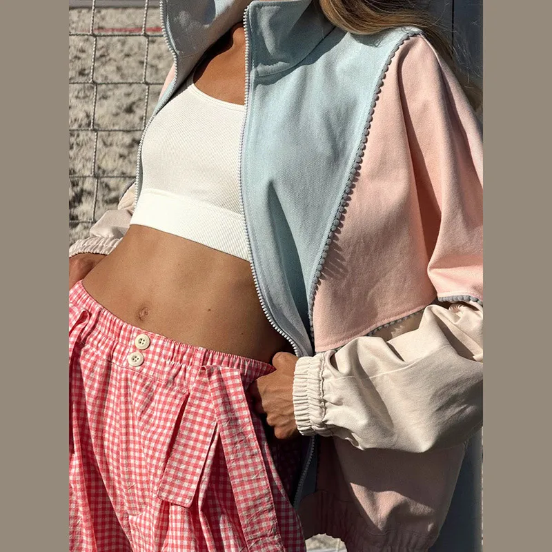 Contrast Denim Bomber Jackets Women's Casual Zipper Stand Collar Full Sleeve Short Coat 2026 Autumn New Lady High Street Outwear