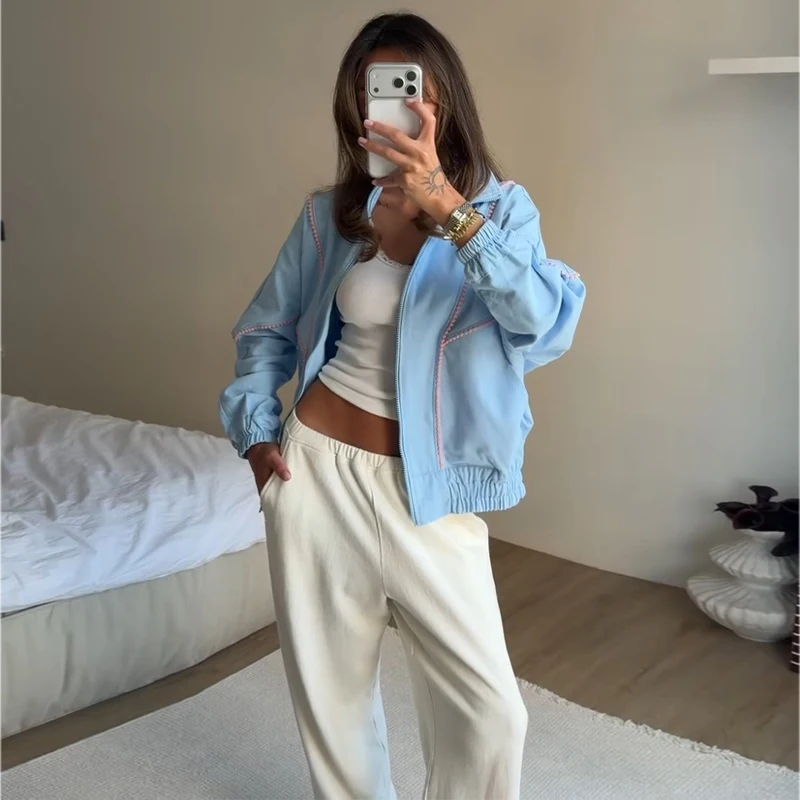 Contrast Denim Bomber Jackets Women's Casual Zipper Stand Collar Full Sleeve Short Coat 2026 Autumn New Lady High Street Outwear