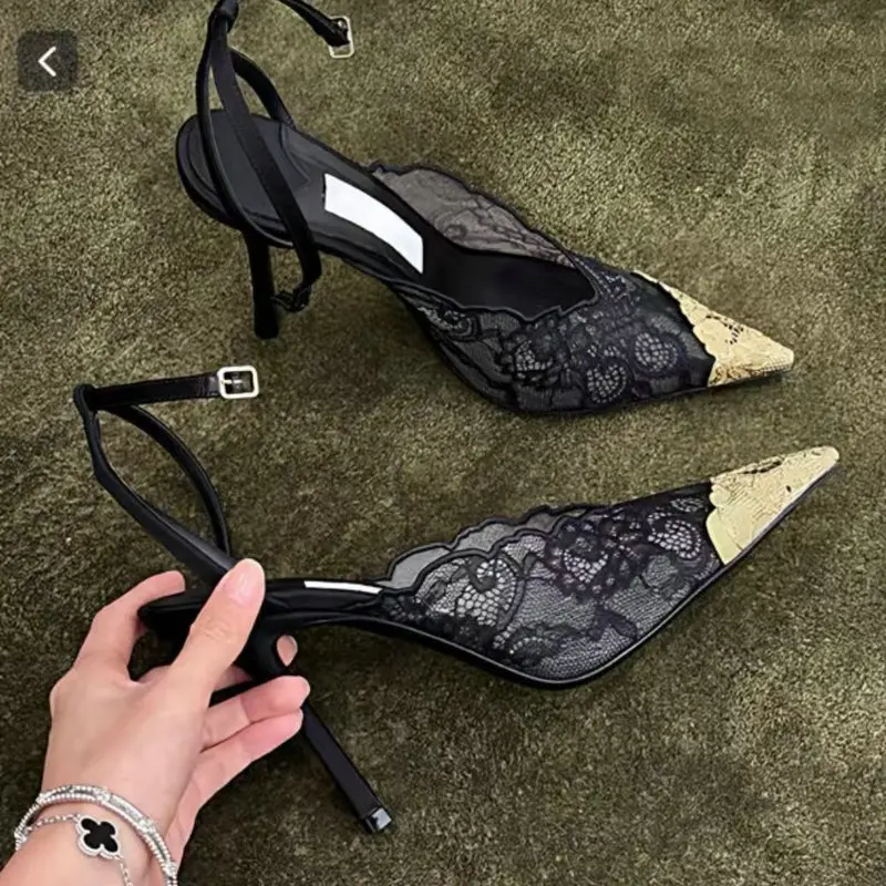 Fashion Lace Sequin Hollow Out Mesh Women Pumps Sexy Pointed Toe Designer Low Heels Slingback Sandals Ladies Shoes