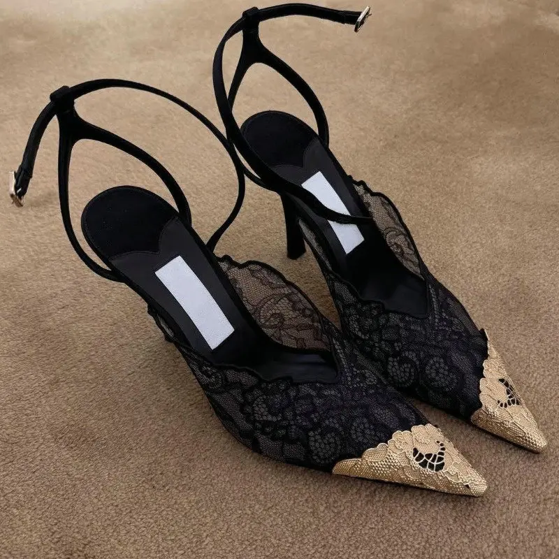 Fashion Lace Sequin Hollow Out Mesh Women Pumps Sexy Pointed Toe Designer Low Heels Slingback Sandals Ladies Shoes