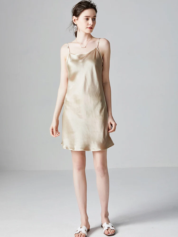 SuyaDream Woman Mini Dress 19mm 100%Real Silk Sleeveless Solid Spaghetti Strap Sleep Dresses 2025 Elegant Chic Clothes