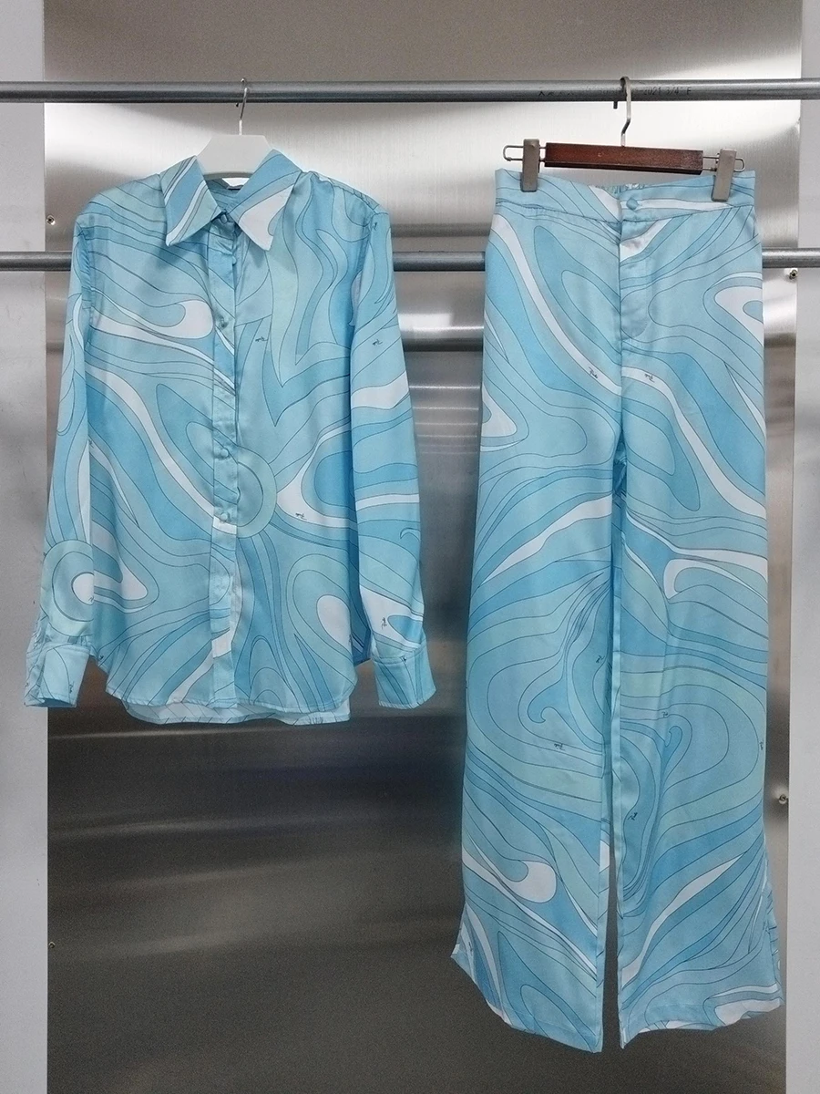 VGH Casual Boho Style Blue Print Satin Two Piece Set for Women Lapel Long Sleeve Shirt Wide Leg Pants Outfit for Beach Vacations