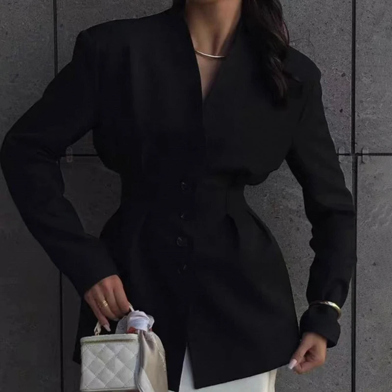 Women Natural Shoulder Blazer V Neck Single Breasted Cowboy Cotton Waist Cinched Jacket Autumn NEW Elegant Commute Office Outfit