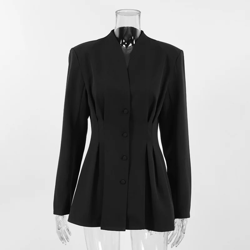 Women Natural Shoulder Blazer V Neck Single Breasted Cowboy Cotton Waist Cinched Jacket Autumn NEW Elegant Commute Office Outfit