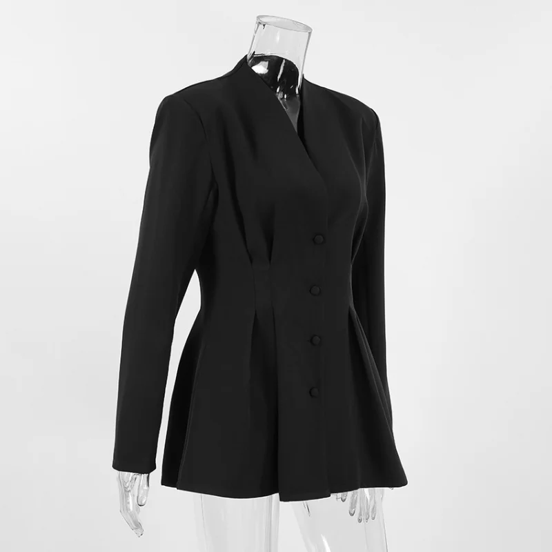 Women Natural Shoulder Blazer V Neck Single Breasted Cowboy Cotton Waist Cinched Jacket Autumn NEW Elegant Commute Office Outfit