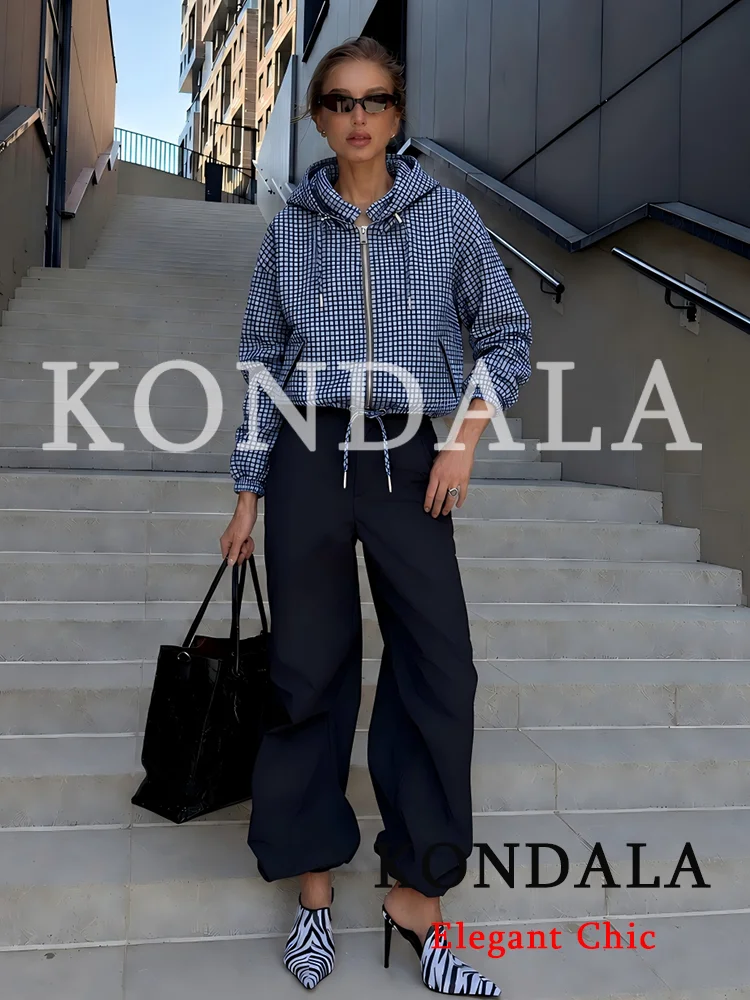 KONDALA Women Casual Trendy Plaid Jacket Hooded Zipper Pockets Jacket New Fashion 2026 Early Fall Winter High Street Cool Jacket