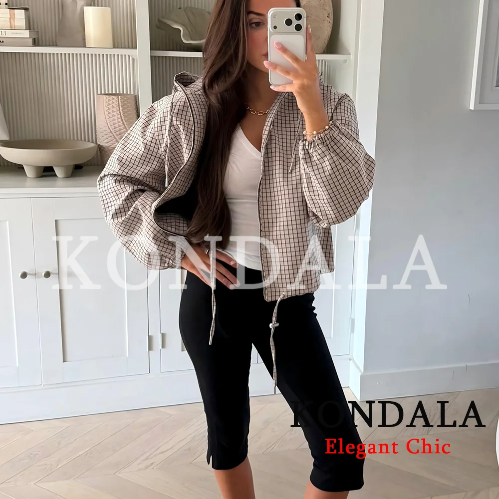 KONDALA Women Casual Trendy Plaid Jacket Hooded Zipper Pockets Jacket New Fashion 2026 Early Fall Winter High Street Cool Jacket
