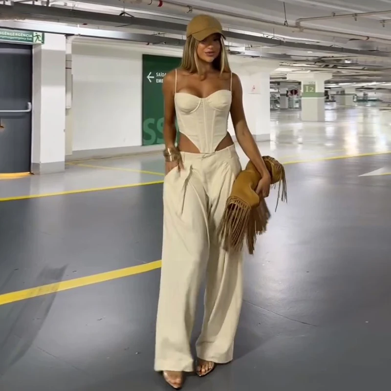 Elegant Tube Top Vest Pants Suit Women Sleeveless Sling Backless Tops Long Pleated Chic Trousers Female 2026 Summer Solid Set