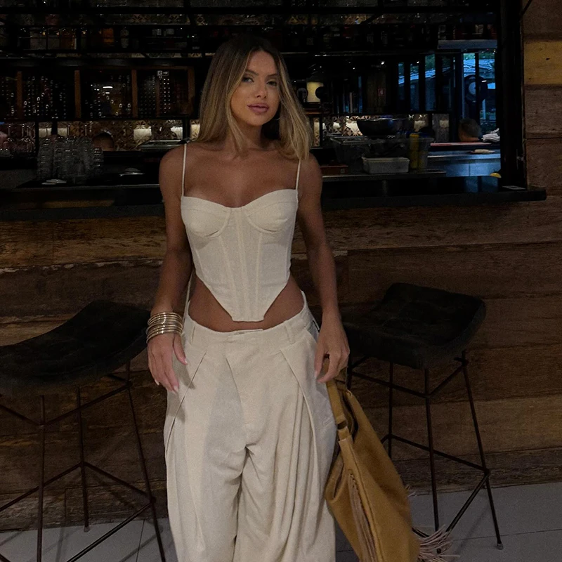 Elegant Tube Top Vest Pants Suit Women Sleeveless Sling Backless Tops Long Pleated Chic Trousers Female 2026 Summer Solid Set