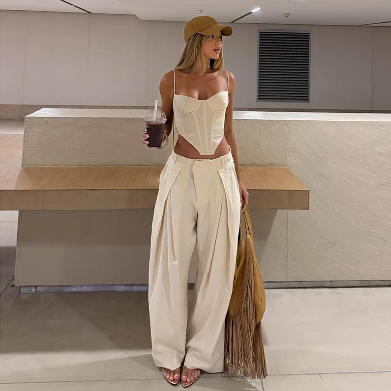 Elegant Tube Top Vest Pants Suit Women Sleeveless Sling Backless Tops Long Pleated Chic Trousers Female 2026 Summer Solid Set