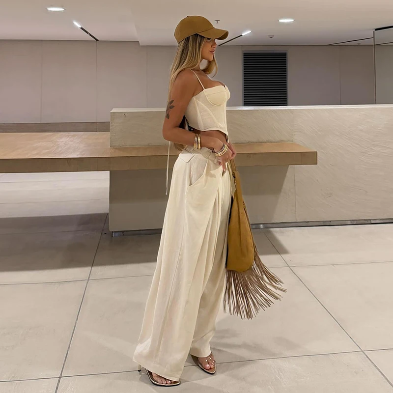 Elegant Tube Top Vest Pants Suit Women Sleeveless Sling Backless Tops Long Pleated Chic Trousers Female 2026 Summer Solid Set