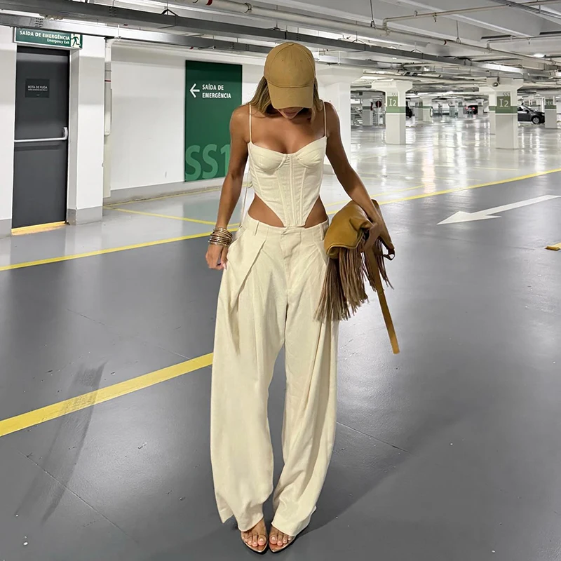 Elegant Tube Top Vest Pants Suit Women Sleeveless Sling Backless Tops Long Pleated Chic Trousers Female 2026 Summer Solid Set