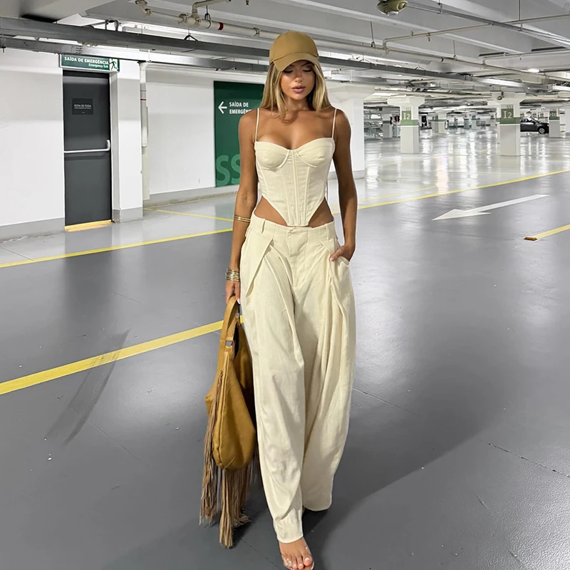 Elegant Tube Top Vest Pants Suit Women Sleeveless Sling Backless Tops Long Pleated Chic Trousers Female 2026 Summer Solid Set