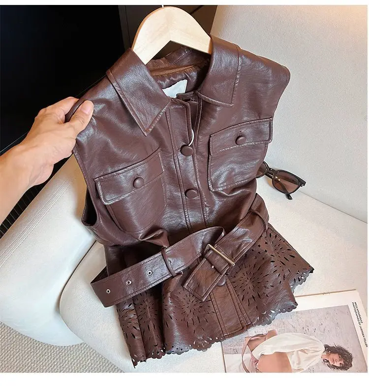 Women's Vests New Fashion Retro Lapel Corset Single-breasted Leather Ladies Hollow Pattern Cardigan Sleeveless Loose Vest Coat