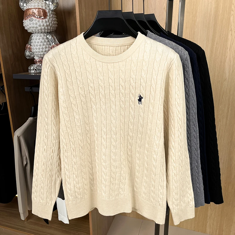 Autumn Winter Men Long-Sleeved Knitwear Round Neck Horse embroidery No Pilling No Fading Versatile Leisure Sweater Fashion tops
