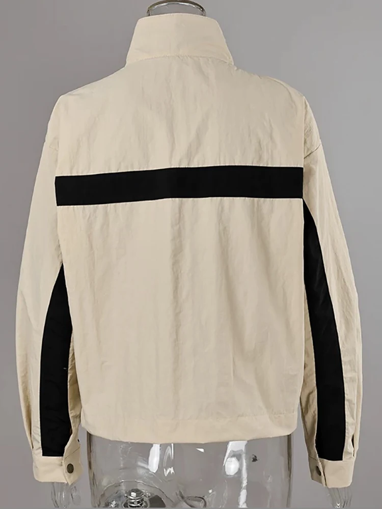 Fashion Women Khaki Jacket Color Matching Stand Collar Zipper Long Sleeve Coat Spring Fall Street Party Sporty Club Outerwear