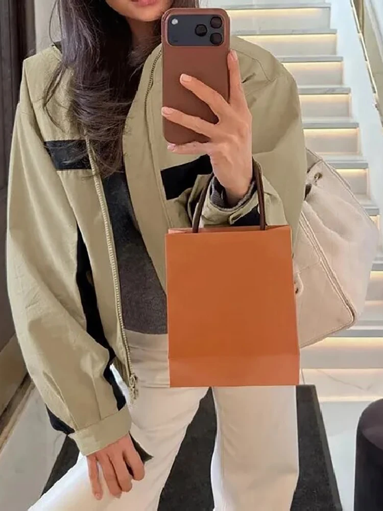 Fashion Women Khaki Jacket Color Matching Stand Collar Zipper Long Sleeve Coat Spring Fall Street Party Sporty Club Outerwear