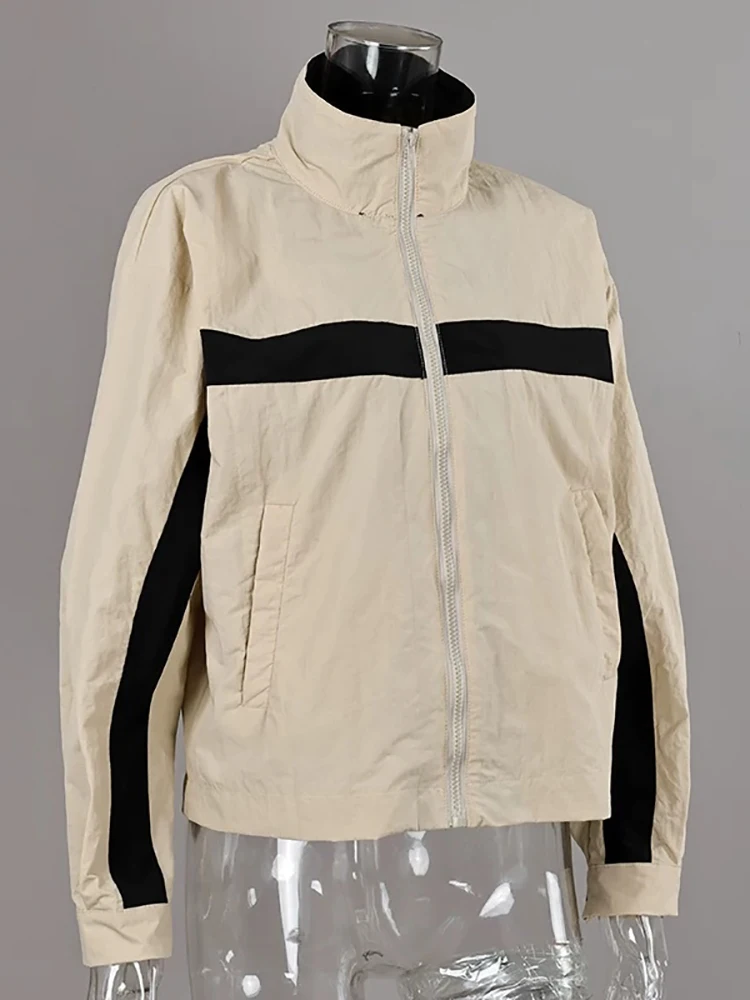 Fashion Women Khaki Jacket Color Matching Stand Collar Zipper Long Sleeve Coat Spring Fall Street Party Sporty Club Outerwear