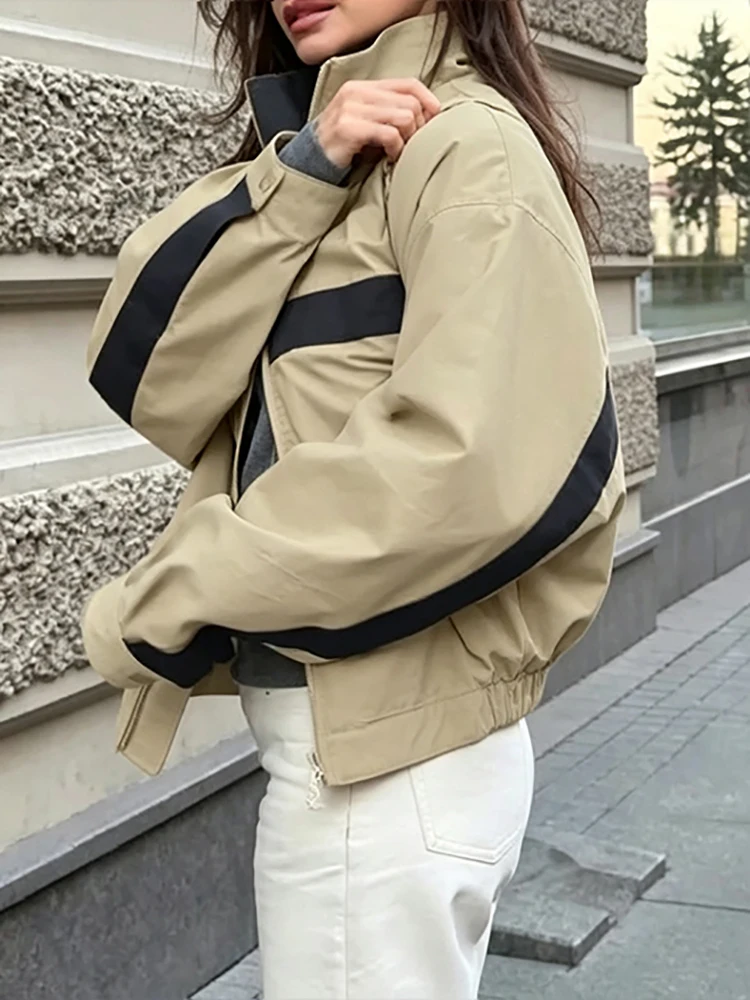 Fashion Women Khaki Jacket Color Matching Stand Collar Zipper Long Sleeve Coat Spring Fall Street Party Sporty Club Outerwear