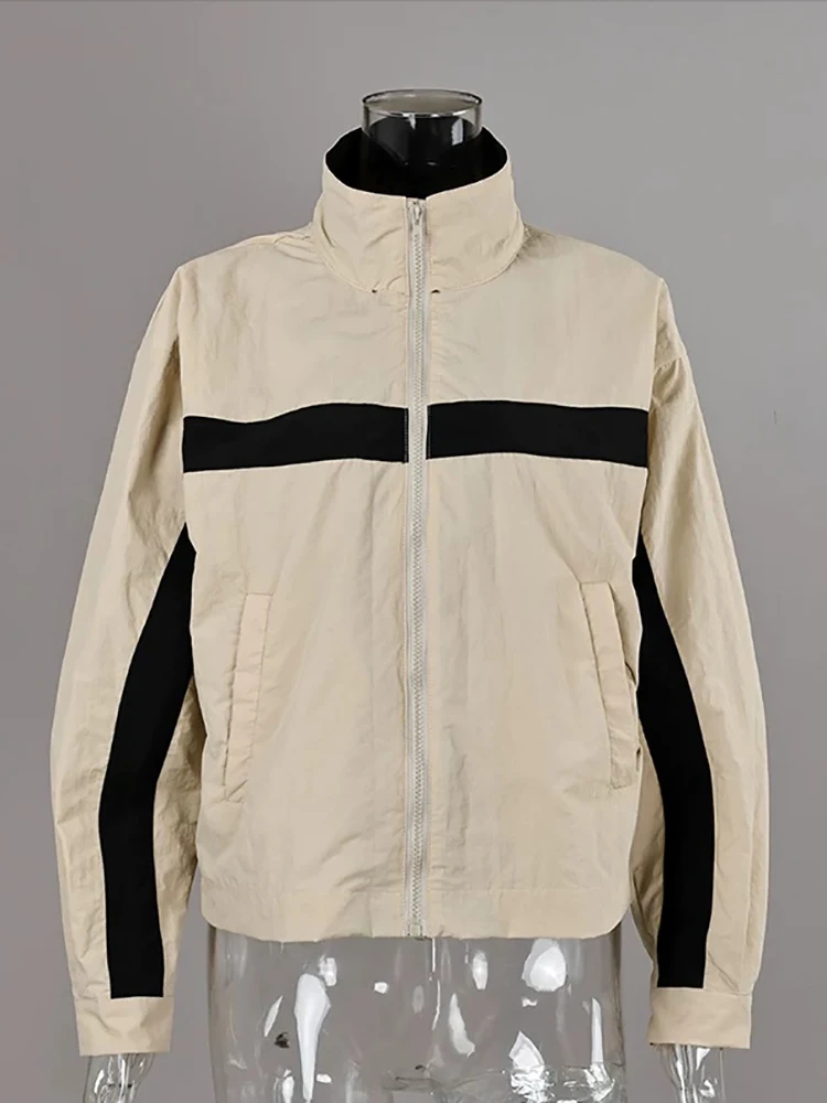 Fashion Women Khaki Jacket Color Matching Stand Collar Zipper Long Sleeve Coat Spring Fall Street Party Sporty Club Outerwear