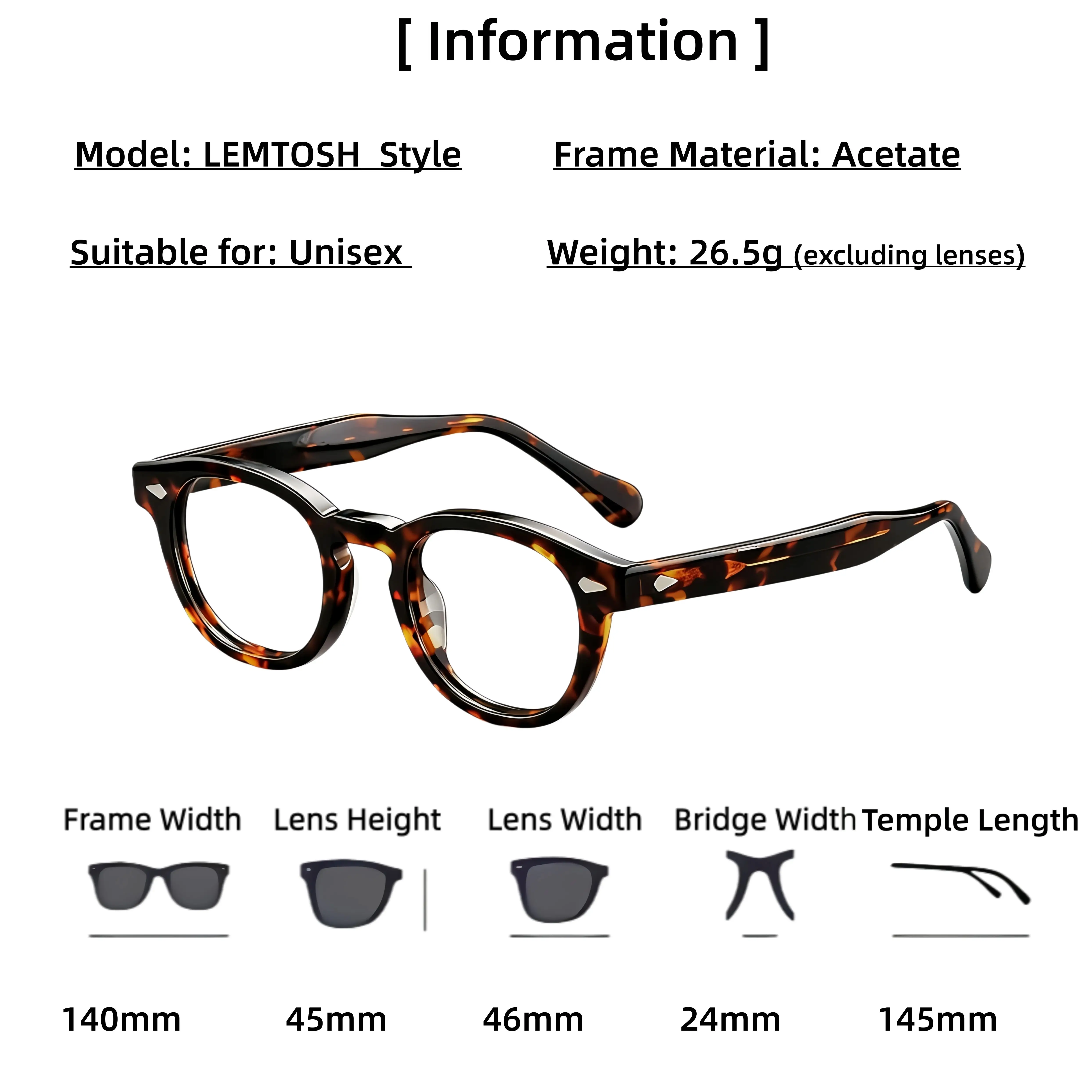 MOSCOT Style LEMTOSH Glasses Luxury Classic Tortoise Black Round Vintage Acetate Frame Unisex Celebrity Inspired Eyewear