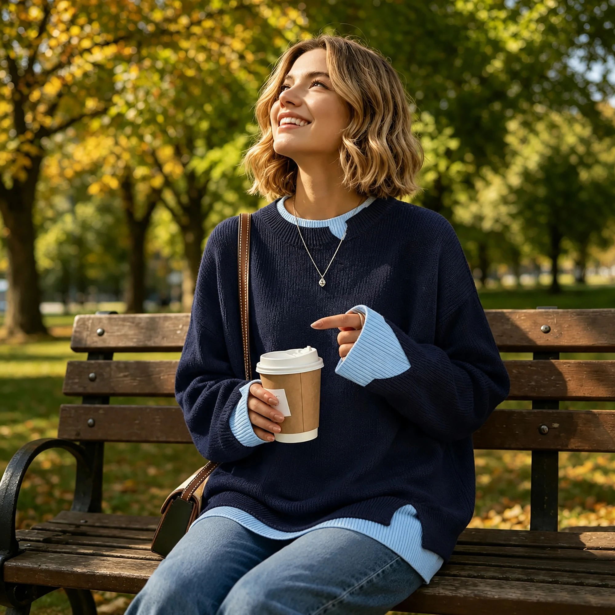 Oversized Women Fake 2‑in‑1 Knit Sweater Contrast Color Patchwork Long Sleeve Crew Neck Pullover Casual Loose Jumper Daily Wear