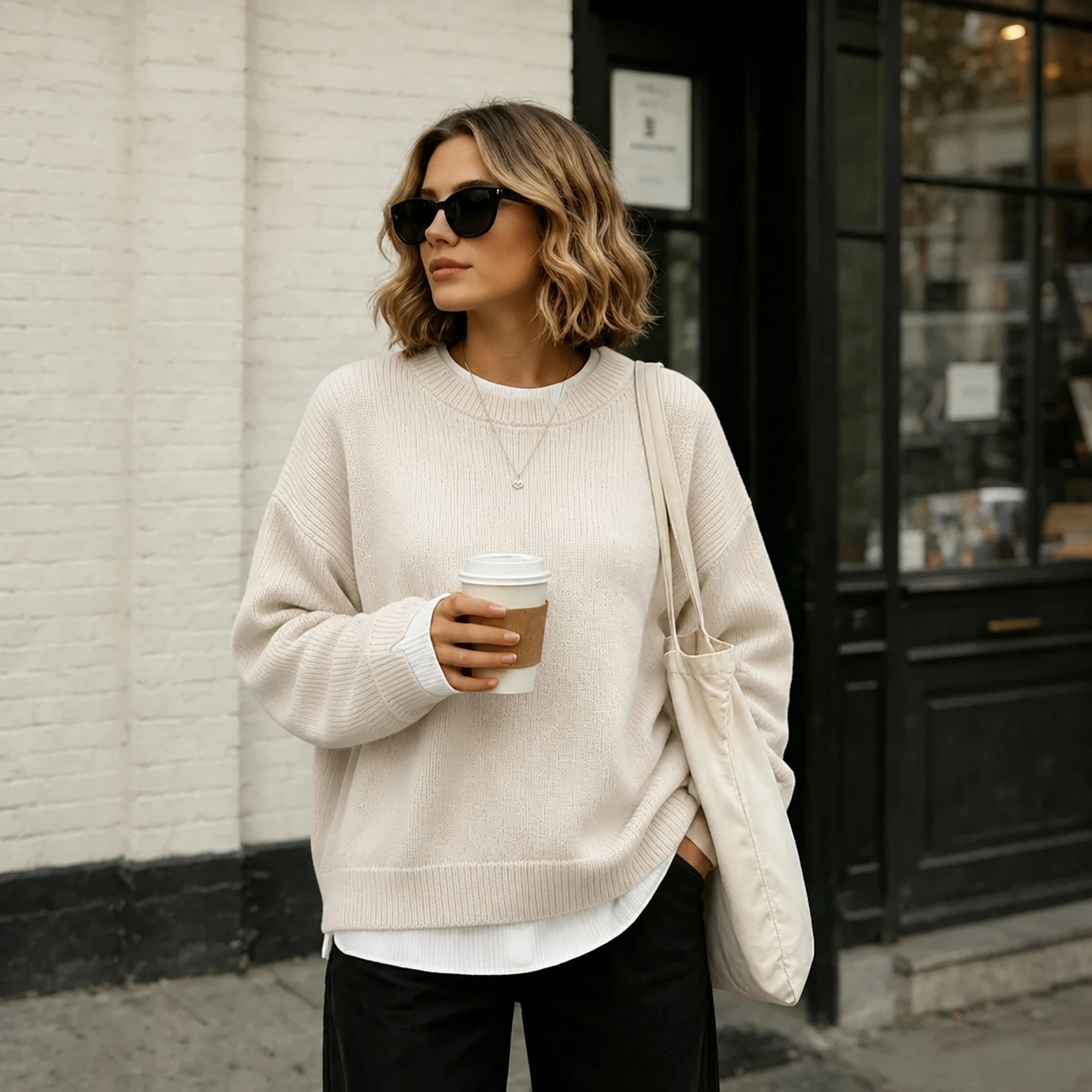 Oversized Women Fake 2‑in‑1 Knit Sweater Contrast Color Patchwork Long Sleeve Crew Neck Pullover Casual Loose Jumper Daily Wear