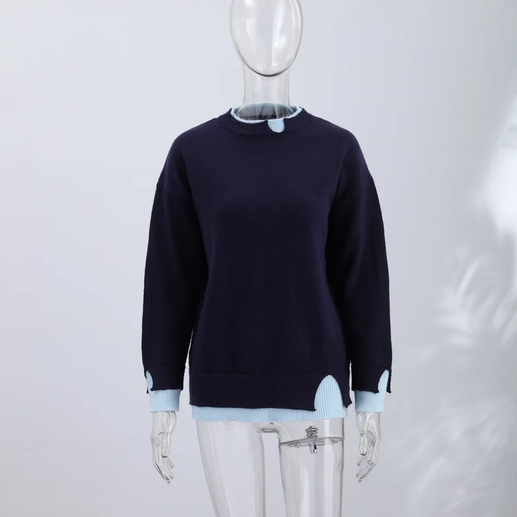 Oversized Women Fake 2‑in‑1 Knit Sweater Contrast Color Patchwork Long Sleeve Crew Neck Pullover Casual Loose Jumper Daily Wear