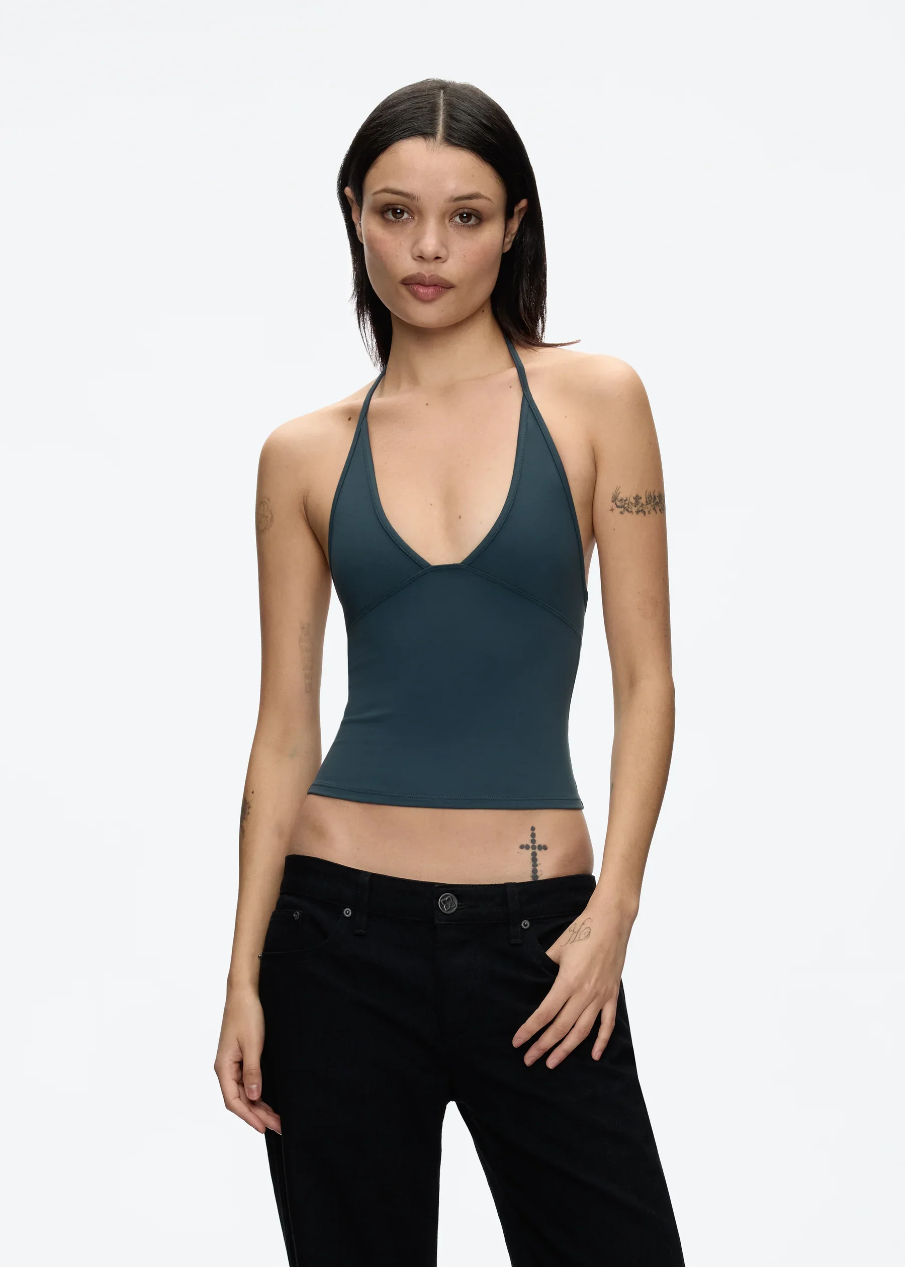 Tank Deep V Halter Neck Camisole, Slim Fit Short Crop Top, Tight-Fitting Waist-Cinching Backless Tank Top, Versatile Outerwear Solid Color Base Shirt