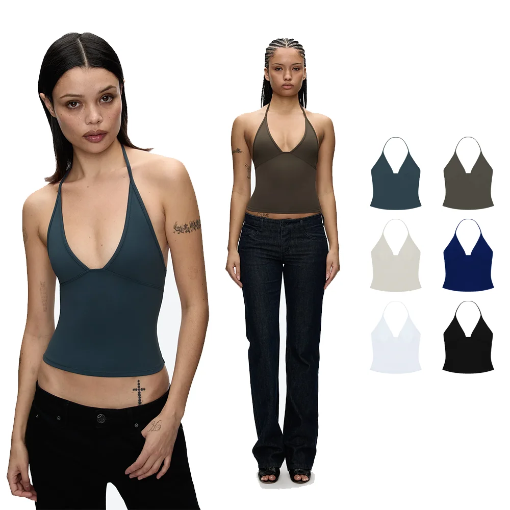Tank Deep V Halter Neck Camisole, Slim Fit Short Crop Top, Tight-Fitting Waist-Cinching Backless Tank Top, Versatile Outerwear Solid Color Base Shirt