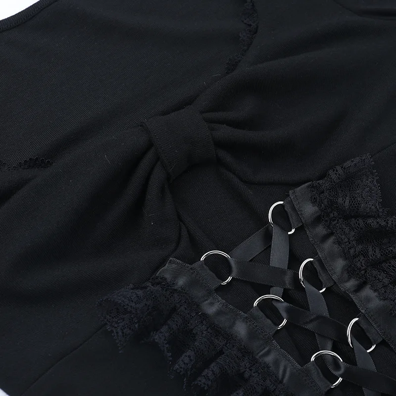 AltGoth Fairycore Grunge Gothic Corset T-shirt Women Aesthetic Vintage Dark Sweet Lace Patchwork High Waist Bandage Tee Tops