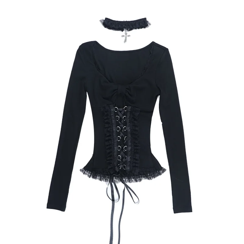 AltGoth Fairycore Grunge Gothic Corset T-shirt Women Aesthetic Vintage Dark Sweet Lace Patchwork High Waist Bandage Tee Tops