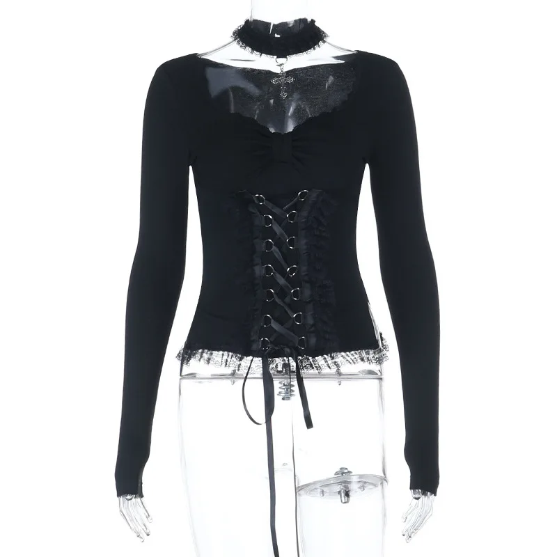 AltGoth Fairycore Grunge Gothic Corset T-shirt Women Aesthetic Vintage Dark Sweet Lace Patchwork High Waist Bandage Tee Tops