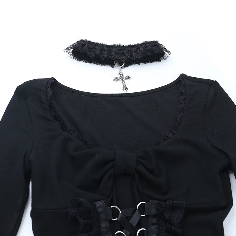 AltGoth Fairycore Grunge Gothic Corset T-shirt Women Aesthetic Vintage Dark Sweet Lace Patchwork High Waist Bandage Tee Tops