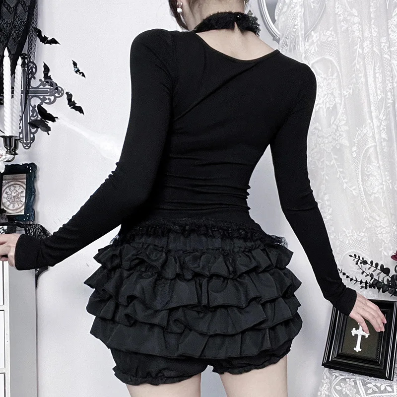 AltGoth Fairycore Grunge Gothic Corset T-shirt Women Aesthetic Vintage Dark Sweet Lace Patchwork High Waist Bandage Tee Tops