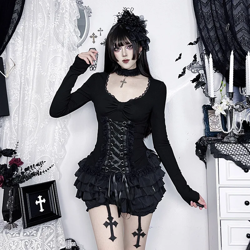 AltGoth Fairycore Grunge Gothic Corset T-shirt Women Aesthetic Vintage Dark Sweet Lace Patchwork High Waist Bandage Tee Tops