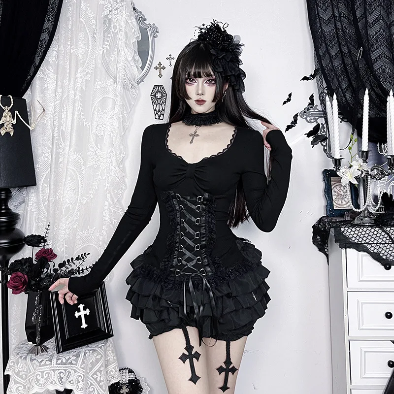 AltGoth Fairycore Grunge Gothic Corset T-shirt Women Aesthetic Vintage Dark Sweet Lace Patchwork High Waist Bandage Tee Tops