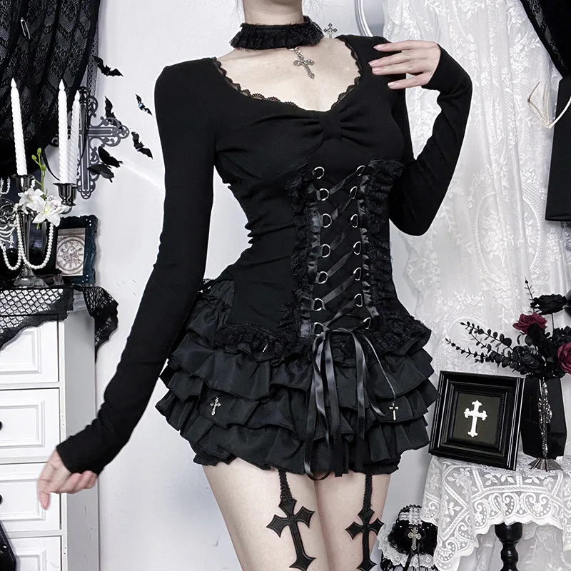 AltGoth Fairycore Grunge Gothic Corset T-shirt Women Aesthetic Vintage Dark Sweet Lace Patchwork High Waist Bandage Tee Tops