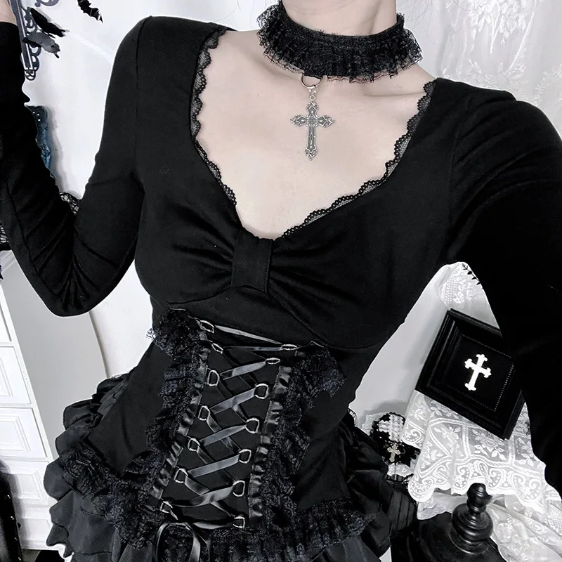 AltGoth Fairycore Grunge Gothic Corset T-shirt Women Aesthetic Vintage Dark Sweet Lace Patchwork High Waist Bandage Tee Tops