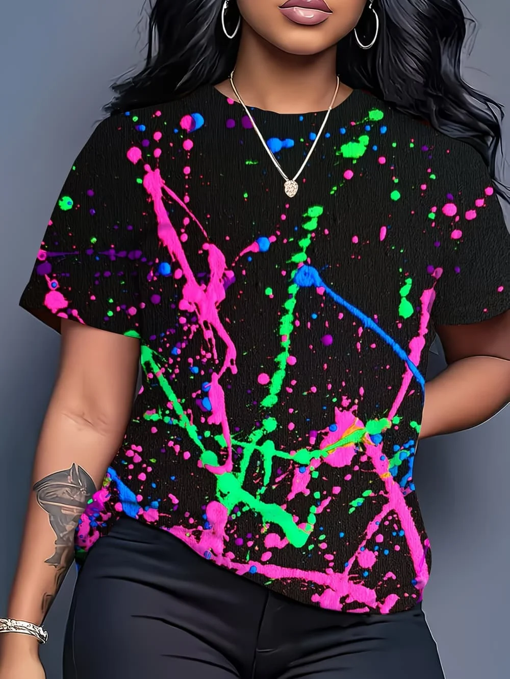 Women's T-Shirt Neon Star Lightning Graphic T-Shirt Y2k Short Sleeve Crew Neck Loose Streetwear Ink Print Casual Woman Clothing