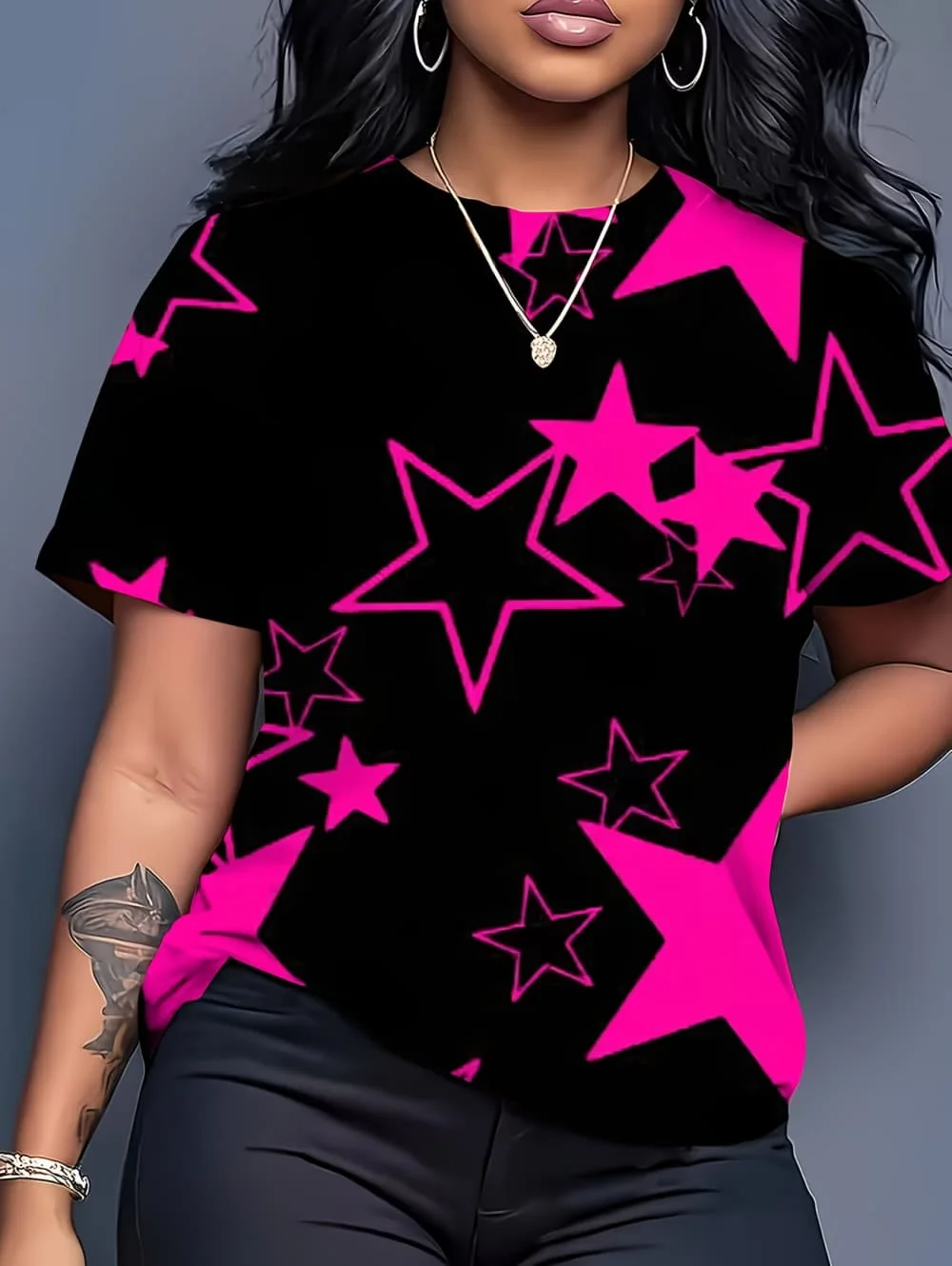 Women's T-Shirt Neon Star Lightning Graphic T-Shirt Y2k Short Sleeve Crew Neck Loose Streetwear Ink Print Casual Woman Clothing