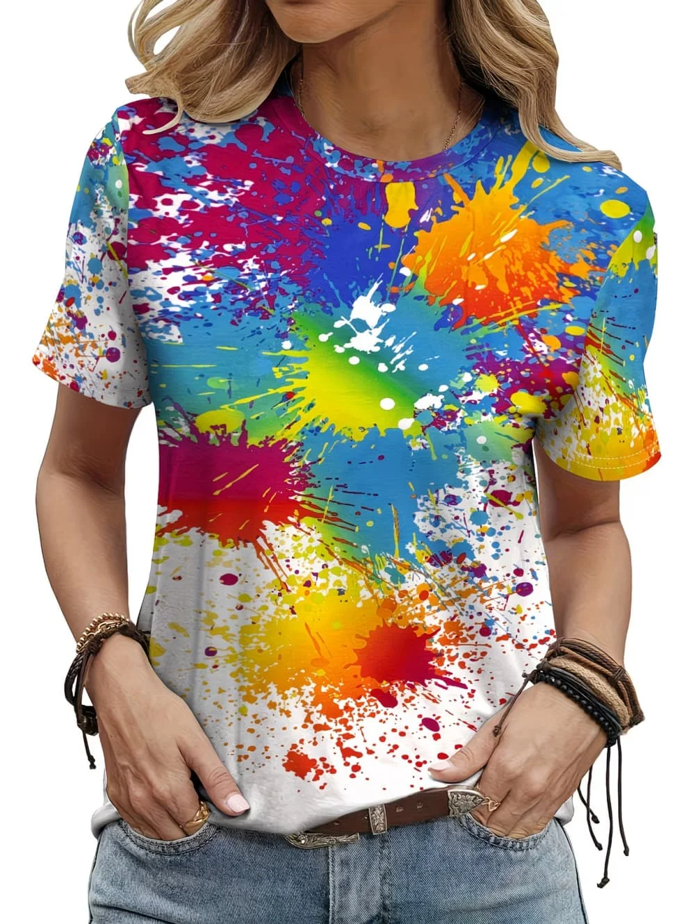 Women's T-Shirt Neon Star Lightning Graphic T-Shirt Y2k Short Sleeve Crew Neck Loose Streetwear Ink Print Casual Woman Clothing