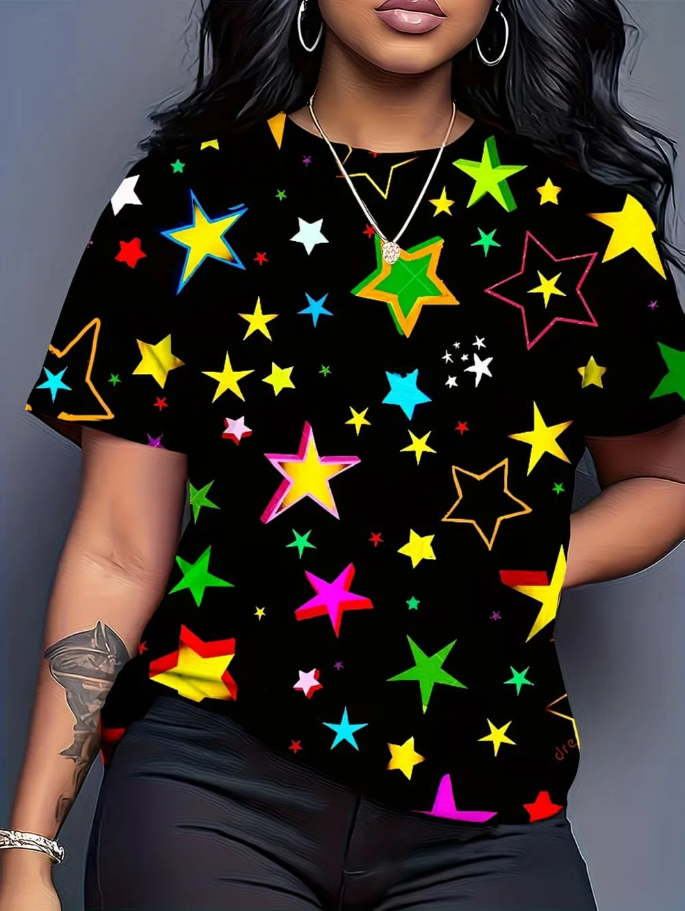 Women's T-Shirt Neon Star Lightning Graphic T-Shirt Y2k Short Sleeve Crew Neck Loose Streetwear Ink Print Casual Woman Clothing