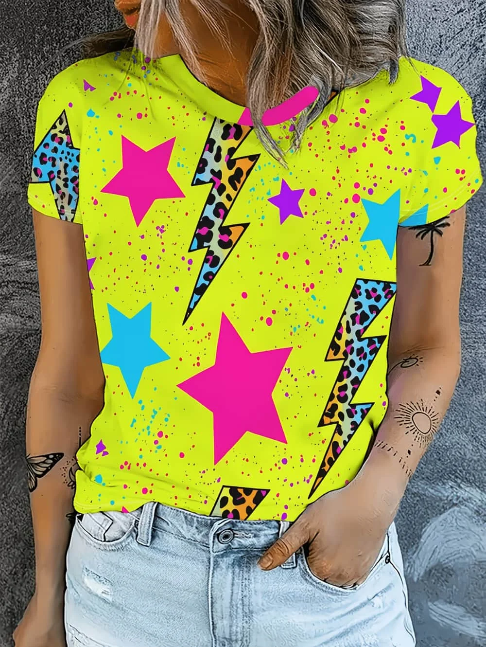 Women's T-Shirt Neon Star Lightning Graphic T-Shirt Y2k Short Sleeve Crew Neck Loose Streetwear Ink Print Casual Woman Clothing