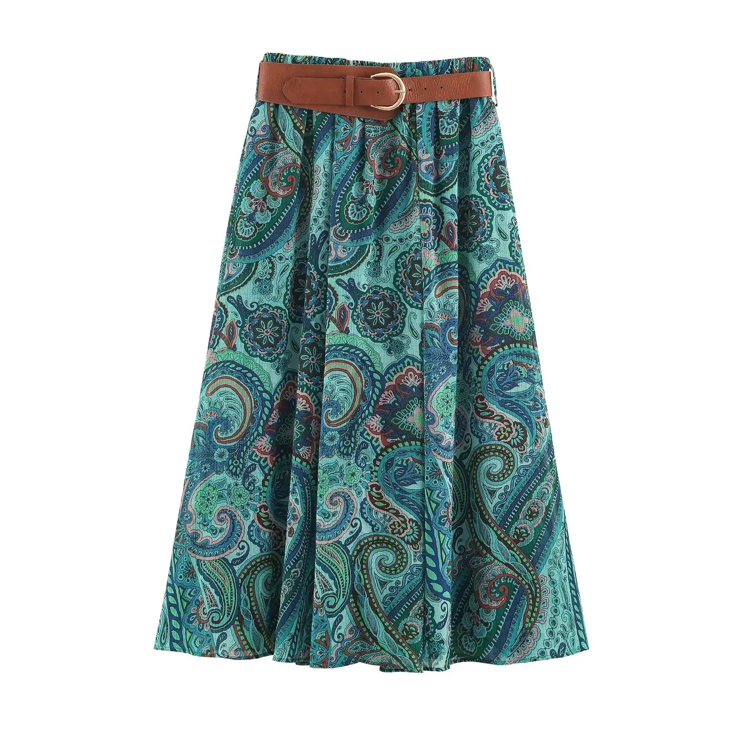 BSAY Boho Paisley Print Midi Skirt Women Elastic High Waist A‑Line Long Skirt With Belt Vintage Bohemian Holiday Casual Skirts