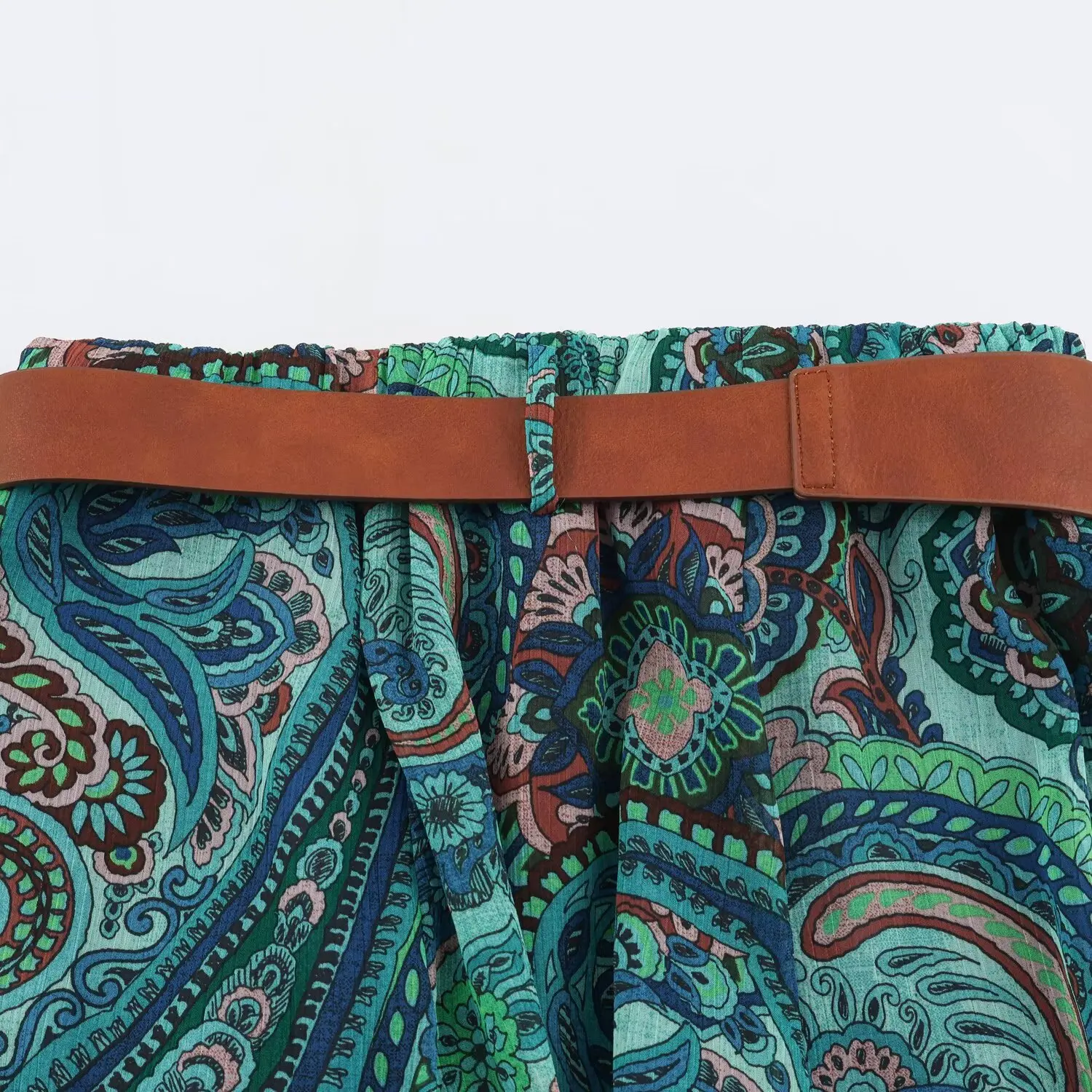 BSAY Boho Paisley Print Midi Skirt Women Elastic High Waist A‑Line Long Skirt With Belt Vintage Bohemian Holiday Casual Skirts